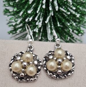 ✨2/$10✨ Triple Faux Pearl Drop Earrings Silver Tone Flower Station Sterling Hook